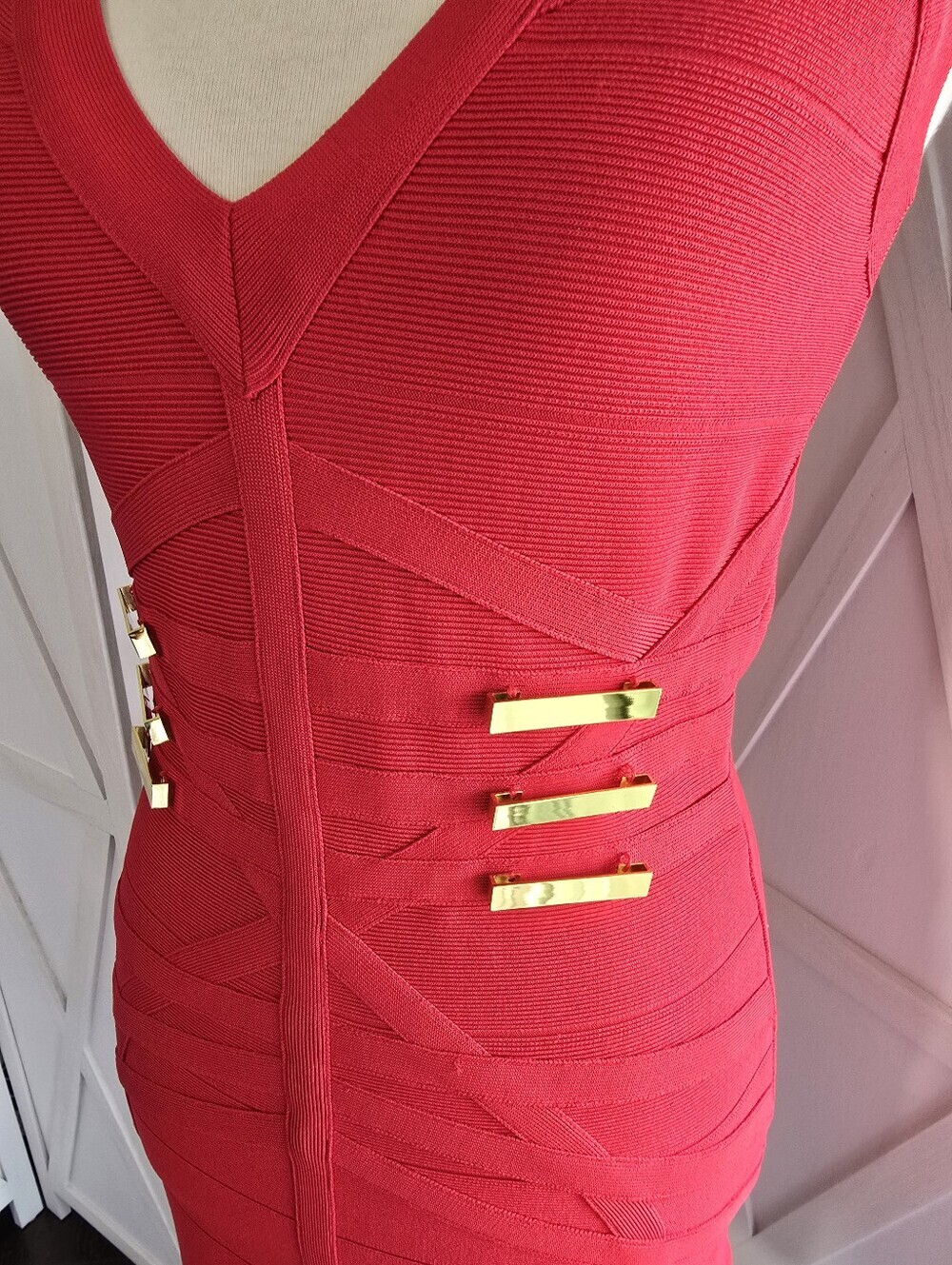 Bebe Hot Red Sleeveless V-Neck Mini Dress with Decorative Gold Bars - Picture 5 of 10